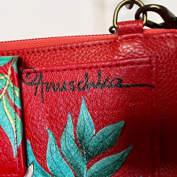Anuschka Zebra Red Hand-Painted Leather Floral Convertible Crossbody Wallet NWOT - Picture 2 of 16